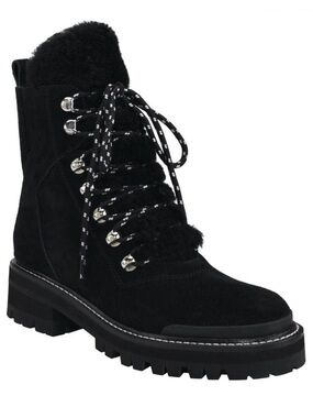 Marc Fisher Black Lace-Up Shearling-Trim Combat Boot